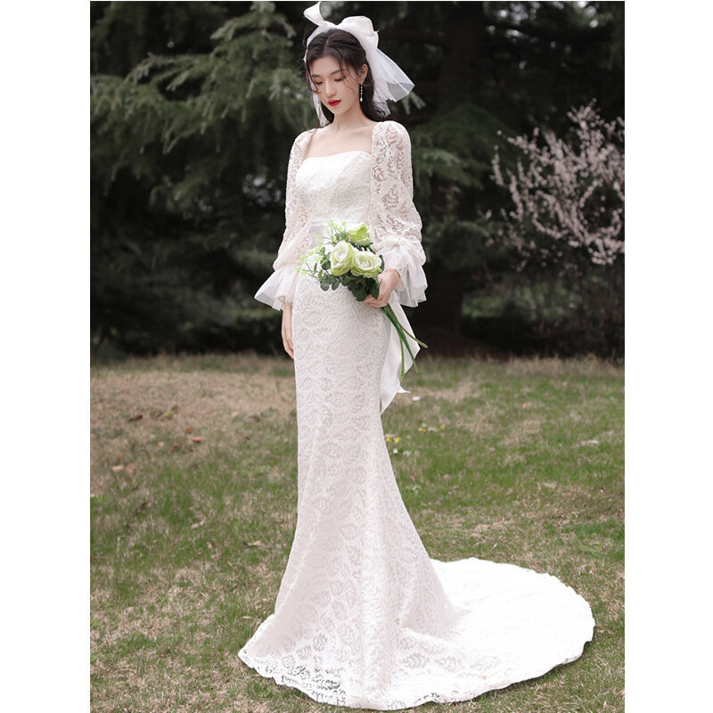 ชุดแต่งงานนางเงือกเกาหลีชุดแต่งงานลูกไม้หรูหราสไตล์วินเทจชุดทางการผูกโบว์ผ้าซาตินสวยงาม