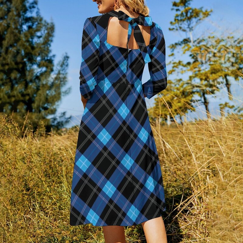 Blue Plaid Casual Dress Women Classic Lines Print Aesthetic Dresses Cute Dress With Bow Summer Oversized Vestido
