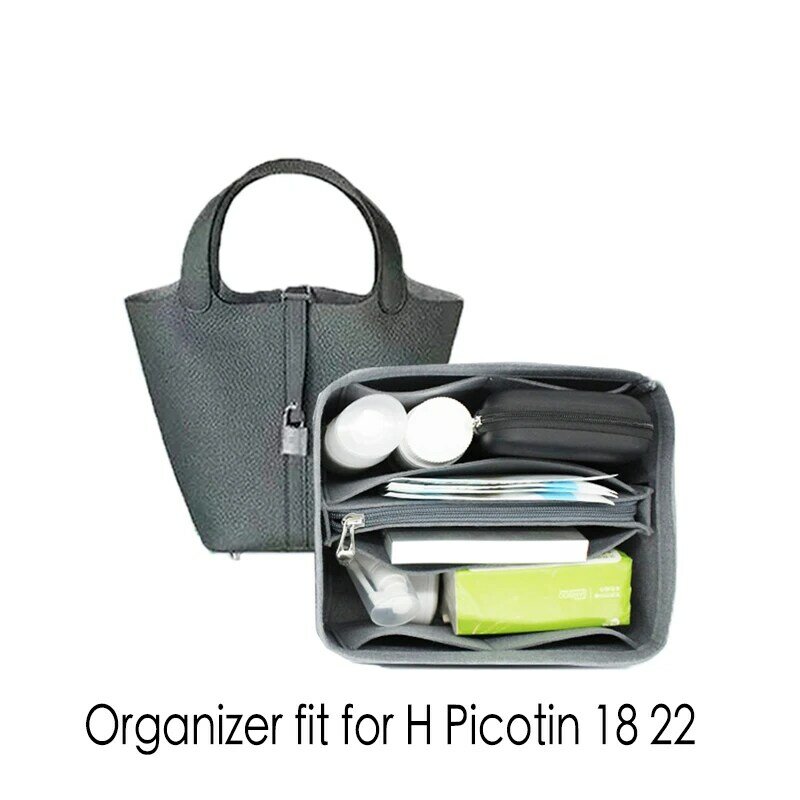 For H Picotin 18 22 Felt Purse Organizer Insert With Zipper For Tote Shaper Cosmetic Bags Portable Makeup Handbags Inner Storage