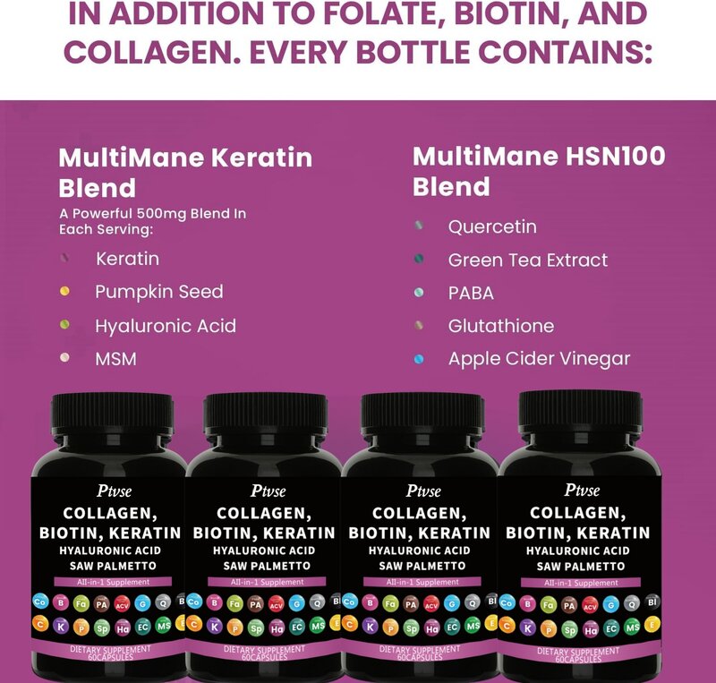 Ptvse Collagen Pill 1000mg biotina 10000mcg cheratina Saw Palm 2500mg acido ialuronico-vitamina per capelli, pelle e unghie