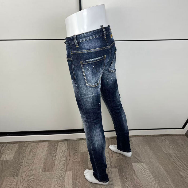 Masculino Retro Azul Bordado Elástico Slim Fit Jeans Rasgado, Calças Moda Rua, Marca Designer, Hip Hop, Alta Qualidade, Patch