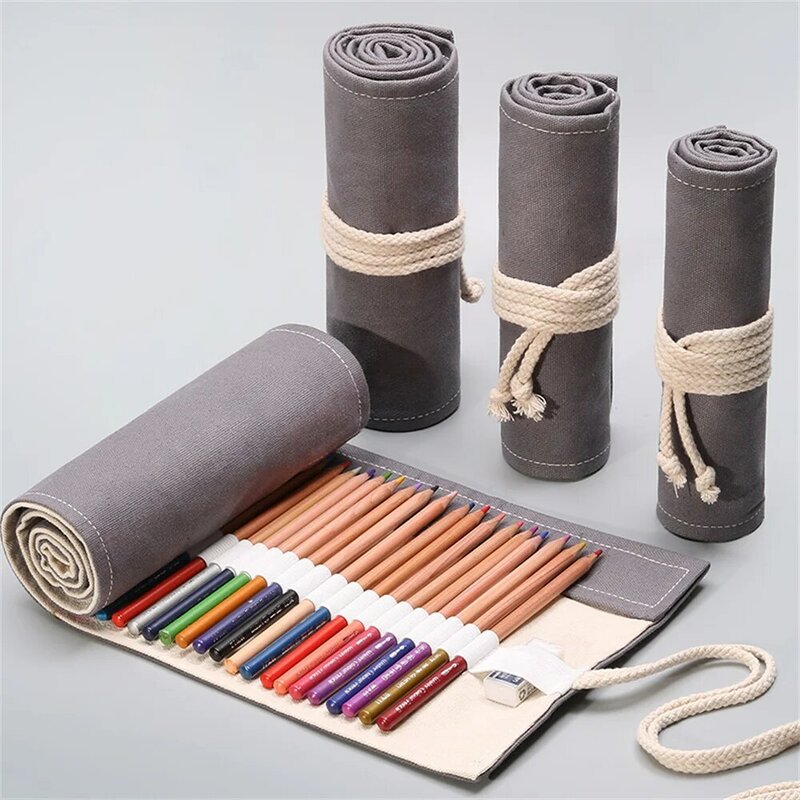 Penyimpanan alat tulis abu-abu menghemat ruang benang kuat memiliki banyak penggunaan bahan kanvas pena tirai kotak alat tulis 12 lubang soket elastis