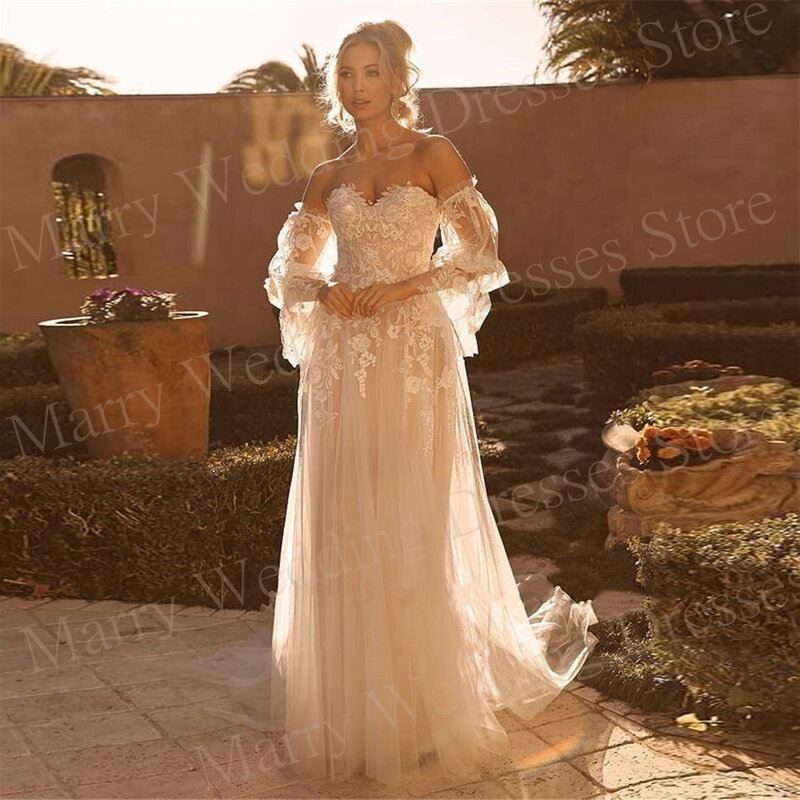 2024 Pretty Elegant A Line Women's Wedding Dresses Classic Lace Appliques Sweetheart Bride Gowns Long Puff Sleeve Robe De Mariee