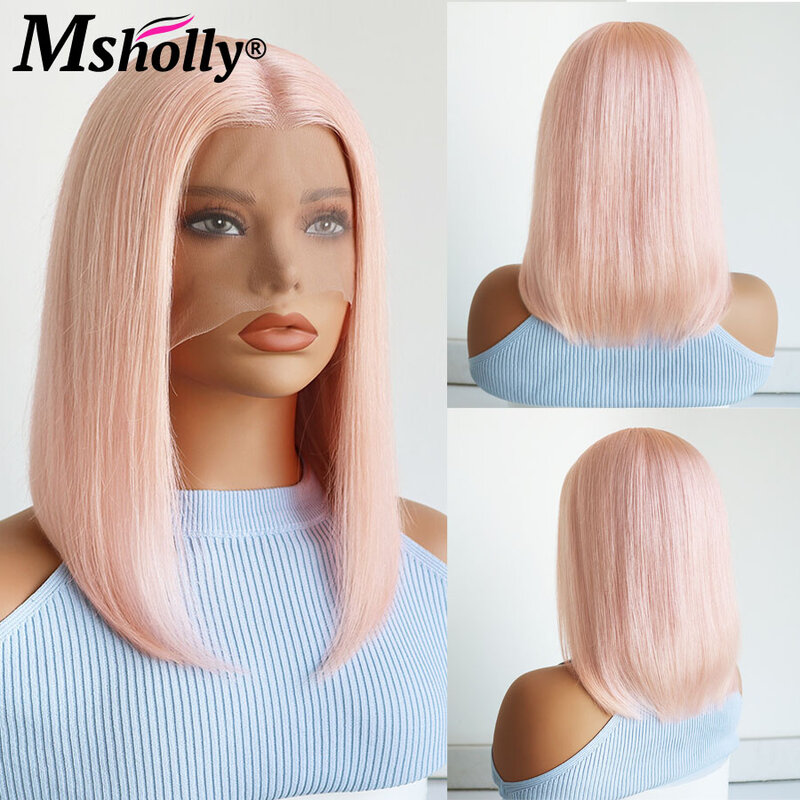 Peluca de cabello humano liso para mujer, pelo corto Bob, color rosa, sin pegamento, prearrancado, listo para usar