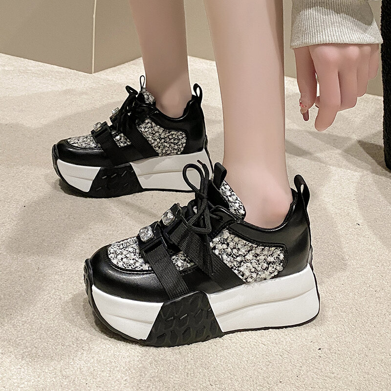 Women High Platform Bling Leather Sneakers New Spring Chunky Casual Sports Vulcanized Shoes Woman Breathable Zapatillas de depor