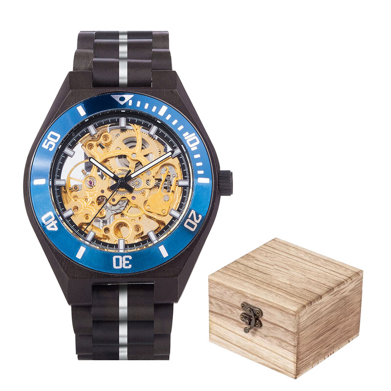 Relógios mecânicos multifuncionais para homens, vidro resistente a riscos, madeira e aço inoxidável, cronógrafo combinado, presente masculino