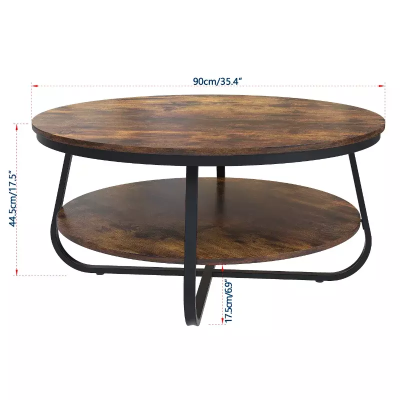 โต๊ะกาแฟทรงกลมพร้อมที่เก็บของแบบเปิดโต๊ะโซฟาไม้38.5 "โต๊ะเน้นแบบชนบทพร้อมขาโลหะแข็งแรงสำหรับห้องนั่งเล่น