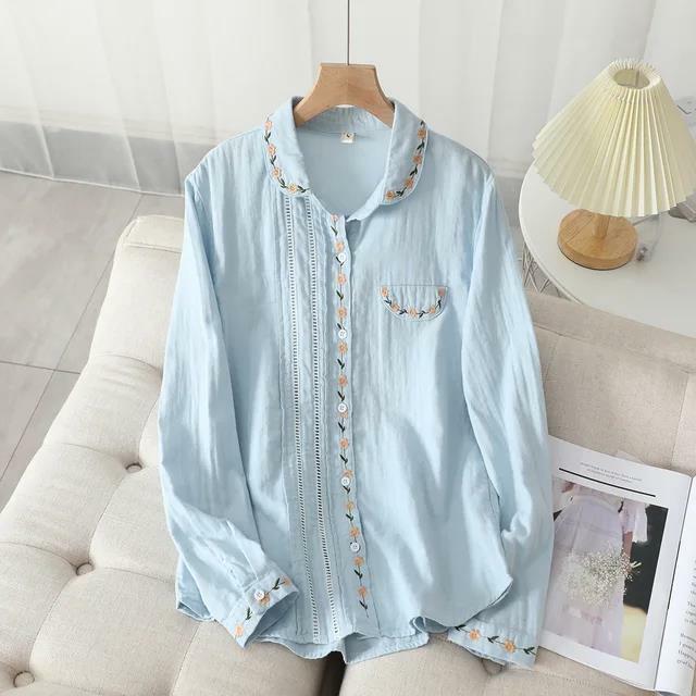 Camisa estampada con cuello para mujer, blusa holgada informal de manga larga, color blanco y azul, novedad de otoño, 2023