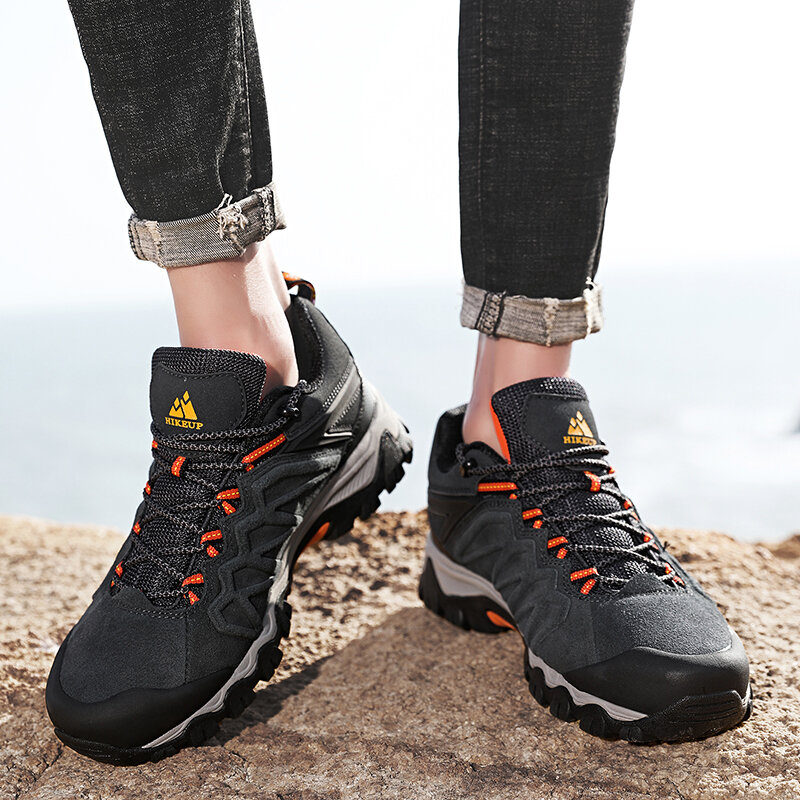 HIKEUP High Quality Leather Hiking Shoes Durable Outdoor Sport Men Trekking Leather Shoes Lace-Up Climbing Hunting Sneakers