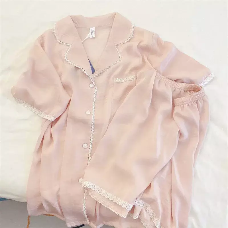 lace women's summer pajam set wiht shorts pink cute ladies sleepwear 2 pcs set single breasted pyjama suit for female 2023