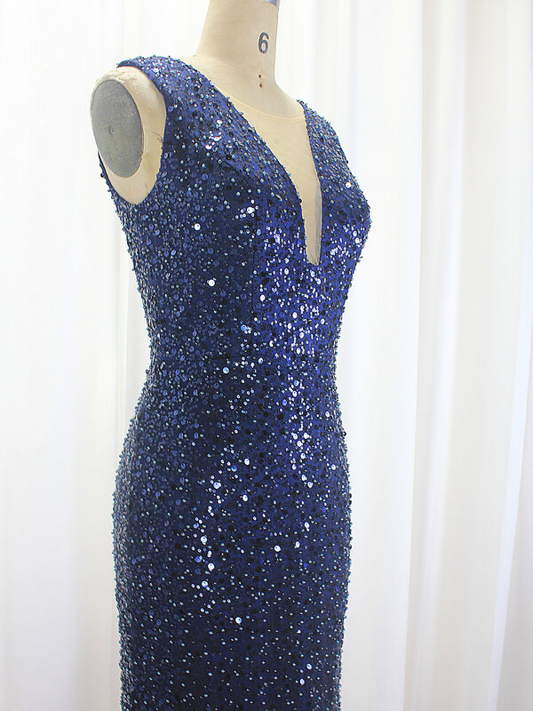 Женское вечернее платье-русалка, темно-синее платье с V-образным вырезом, роскошными рукавами и бусинами, модель 2024 по лучшей цене
