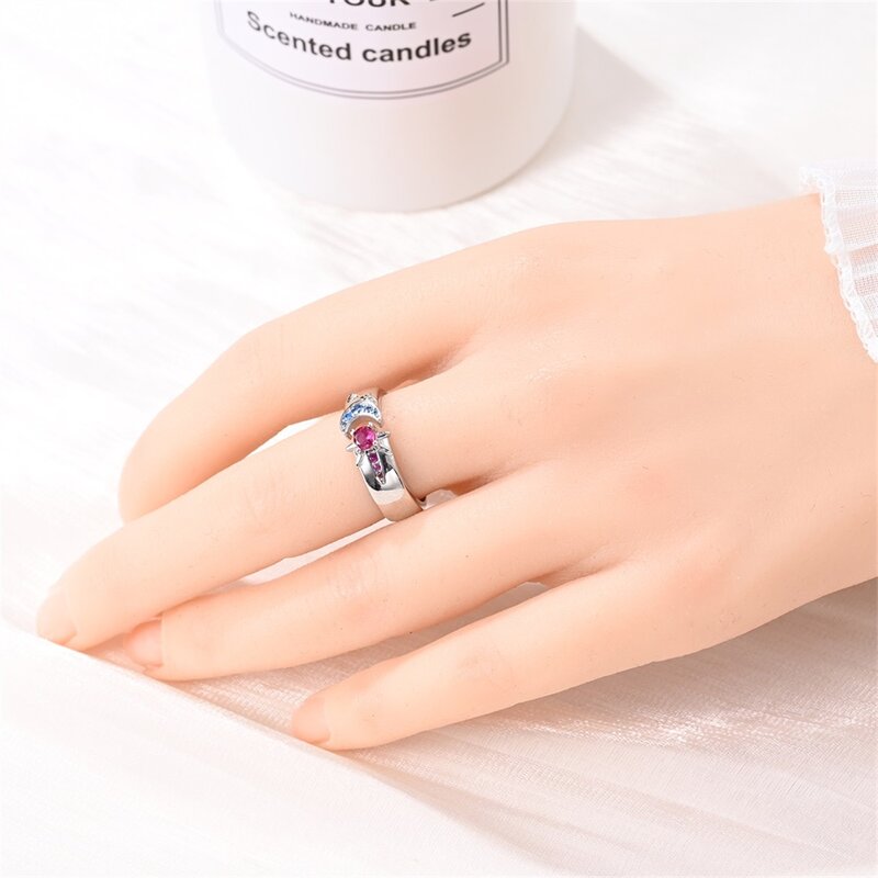 Lindo anel de prata esterlina 925 para mulheres, sol vermelho e azul, lua e estrela anel banquete de casamento acessórios de jóias moda