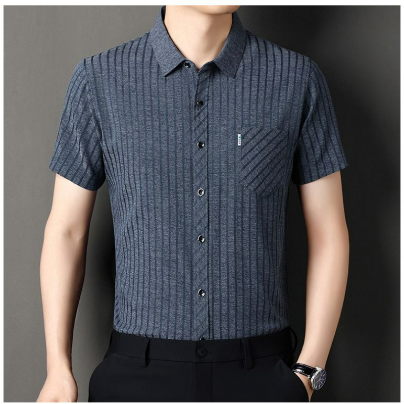 Camisa de linho manga curta masculina, bolsos de botão lapela, camisa juvenil casual, top de seda listrado versátil, fino, médio inteligente, verão, 2024