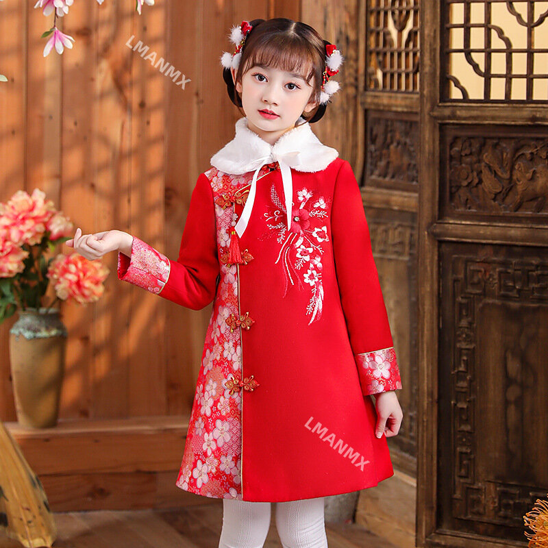 Mädchen Hanfu Neujahrs kleidung Kinder warm Cheong sam chinesischen Tang Anzug Kind Winter plus Samt niedlichen Stickerei Party kleid