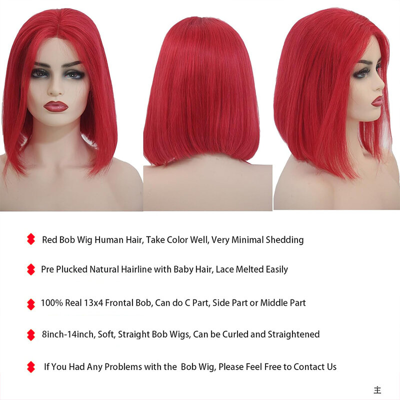 CUBIC 13x4 Short Bob Wigs Red Color 180% Density Transparent Lace Pre Plucked Bone Human Hair Lace Front Bob Wigs For Women
