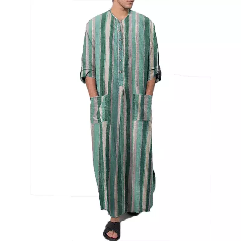 Vestes muçulmanas de manga comprida de algodão listrado para homens, terno kaftan islâmico, Oriente Médio, Dubai, Abaya Retro, verão, 2023