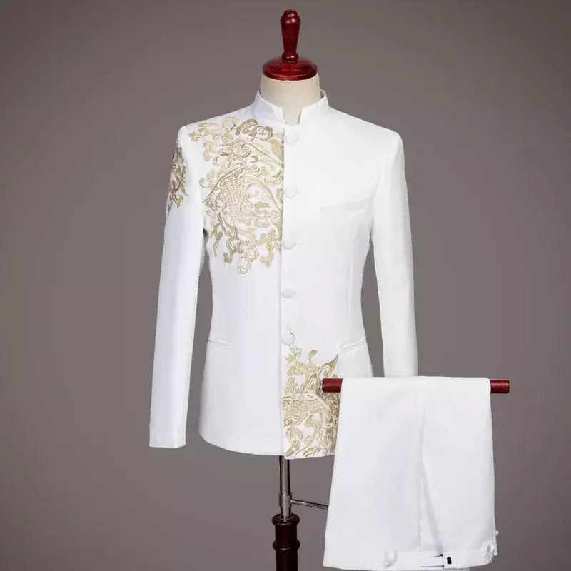 Jas pria hitam putih blazer bordir emas gaya Tiongkok pakaian panggung Host Prom kostum pria tim penyanyi paduan suara kostum pernikahan DS