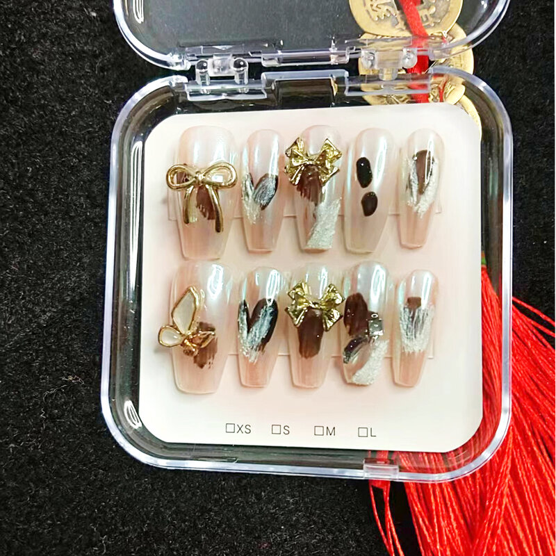 Press on Nails Classical Chinese Knot ButterflyDrawing a Portrait Nail Tip Handmade Wedding Celebration Reusable Fake Nails