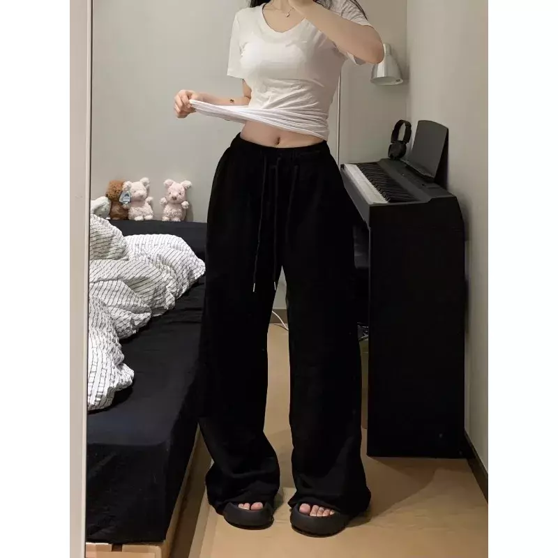 Deeptown-Calça cinza de perna larga feminina, calça esportiva casual oversize, streetwear da moda coreana, corredores retos vintage