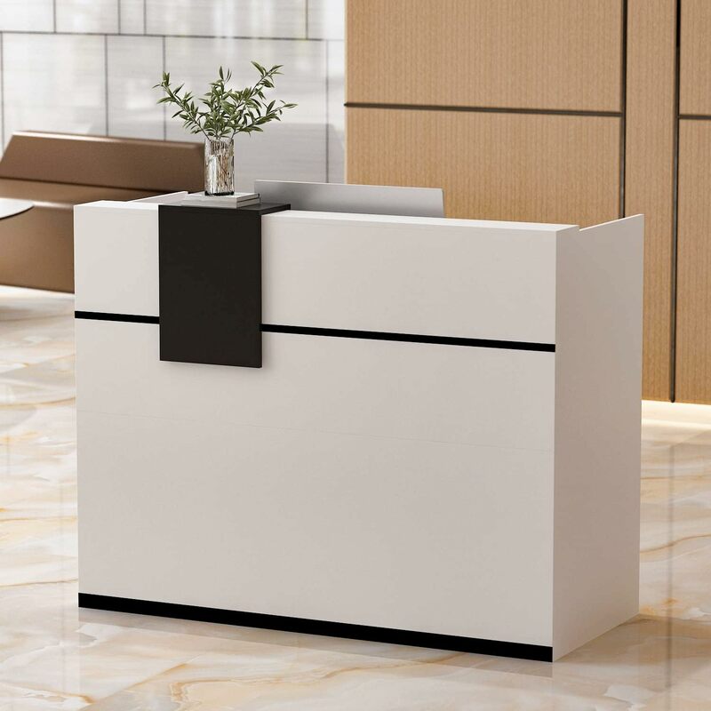 Lockable Drawer & 1 Door Cabinet, Office Wooden Computer Desk Reception Table, White and Black