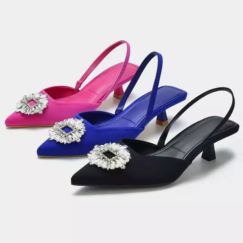 Women's Pointed Toe Heeled Shoes Summer Sandals Square Buckle Thin Heel Women's Slingbacks Shoes Sexy Dress Party Women Pumps