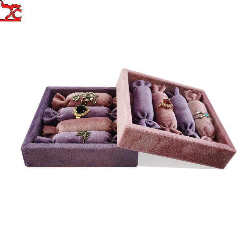 Organizador de anillos en forma de caramelo, bandeja pequeña de terciopelo, soporte de almacenamiento para pendientes y collares, 11x11Cm