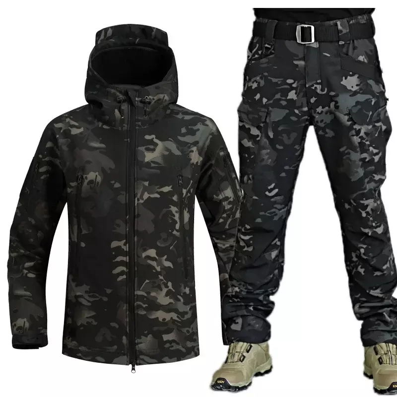 5XL New Soft Shell Winter Plush Thickened Outdoor Fishing Waterproof Windproof Cutting Wear-resistant Hooded Jacket and Pants