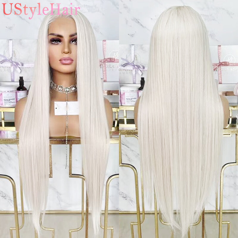 UStyleHair-peruca reta sedosa para mulheres, cabelo sintético loiro longo, frente de renda sem cola, uso diário, 613