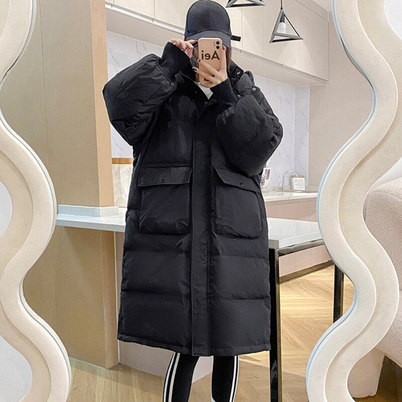 2023 New Women Down Jacket Winter Coat Female Mid Length Version Parkas Loose Thick Outwear Hooded Fashion Simplicity Overcoat