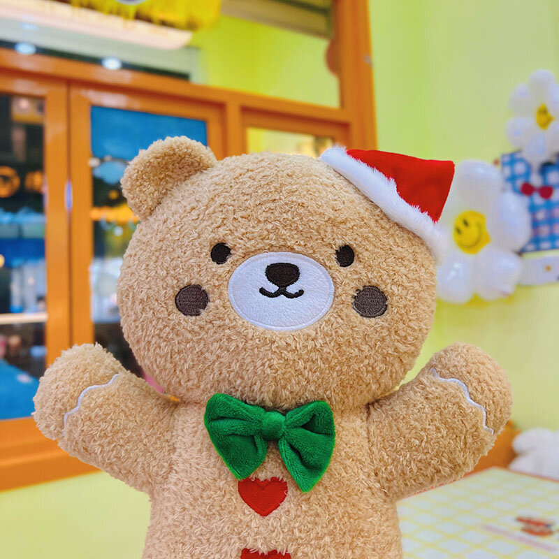 40cm 만화 진저브레드 남자 플러시 장난감 진저브레드 남자 곰 비스킷 베개, 부드러운 귀여운 미소 갈색 곰 크리스마스 모자 플러시