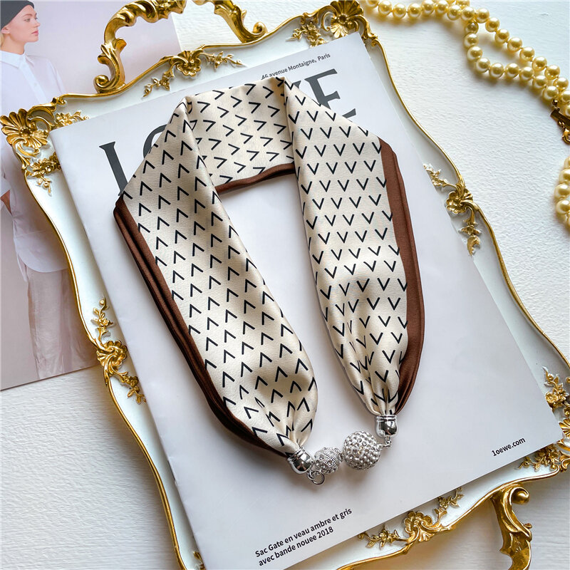Bufanda magnética de cinta de seda para mujer, collar de diseño de lujo sólido, Foulard, bolso de mano, bufandas de muñeca, accesorios de corbata de cuello de marca 2022