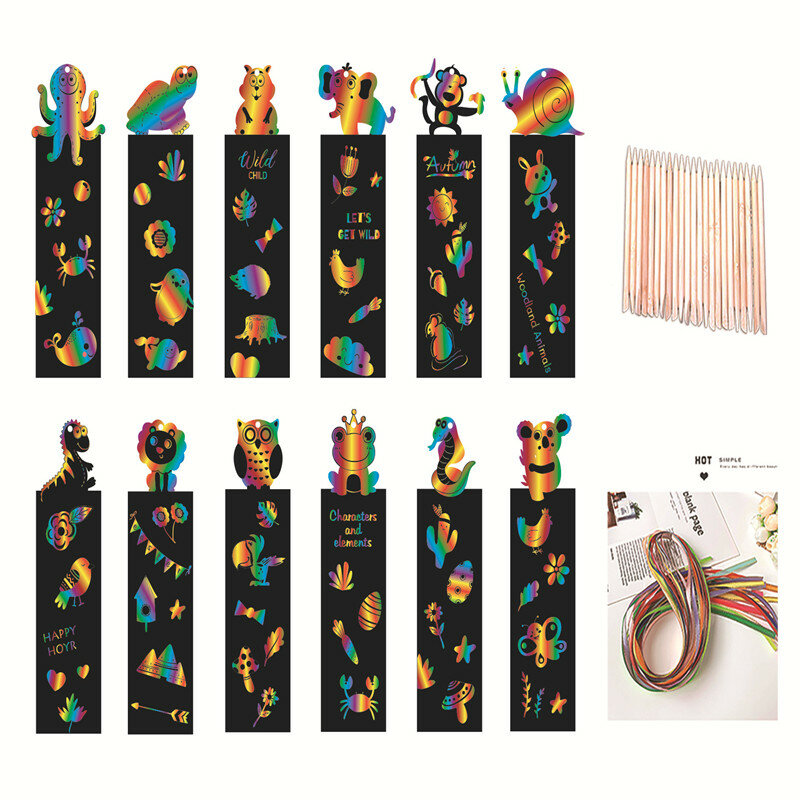 Color Bookmark Scratch Set para crianças, dinossauro animal, desenho, desenvolver habilidades práticas das crianças, brinquedos educativos, DIY, 36pcs