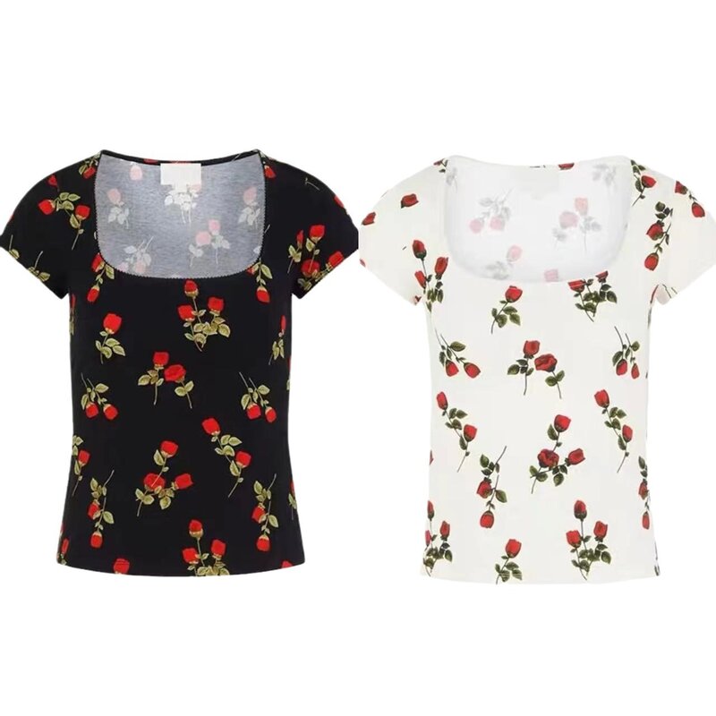 Kaus motif bunga Retro wanita, kaos lengan pendek leher persegi ramping 2024