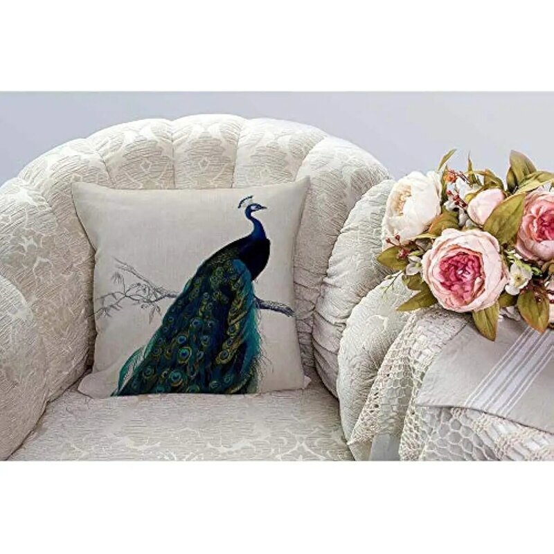 Funda de almohada cuadrada de doble cara, cubierta de almohada de tiro suave, Vintage, azul, elegante, colorido pavo real, decoración del hogar
