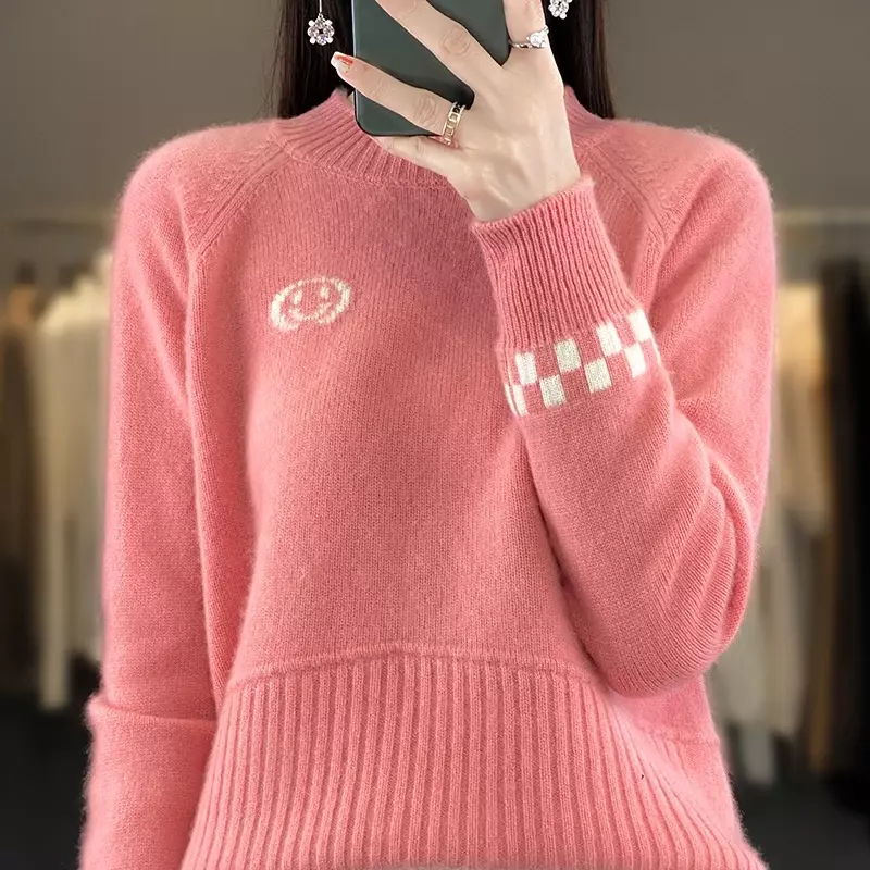 Suéter básico de lana merina para mujer, jersey de manga larga con cuello alto, top de moda coreana, alta calidad, 100%