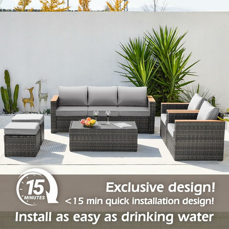 Exclusive Quick Install Patio Furniture Set w/Ottoman,Durable Wicker Outdoor Couch Patio Sectional Sofa Conversation Sets