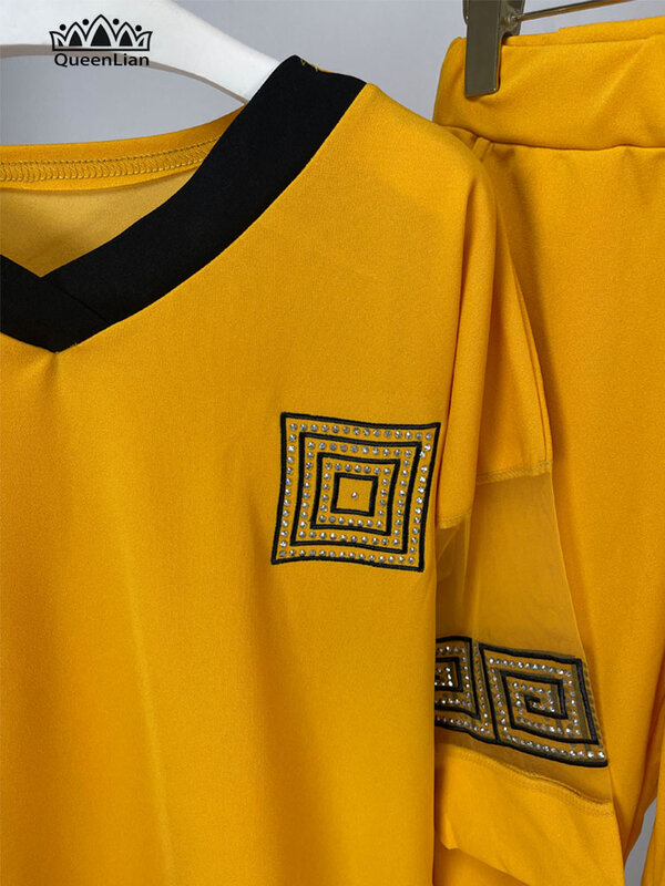 Terno africano de 2 peças para mulheres, top e calça de alta qualidade, 4 cores, manga, bordado avançado, diamante, novo, TZ18