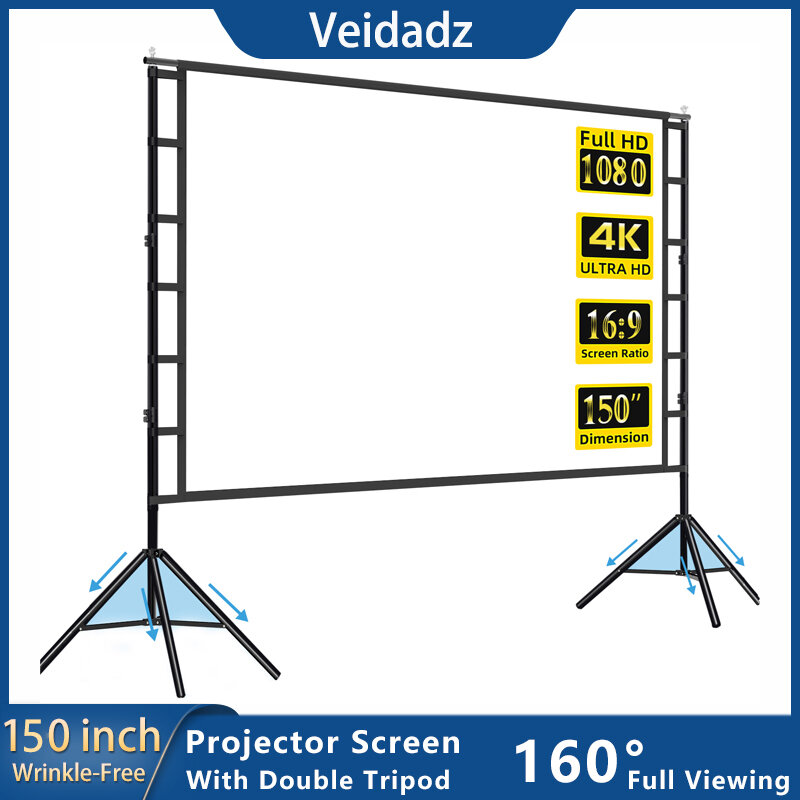 VEIDADZ 스탠드 포함 프로젝터 스크린, 흰색 주름 없는 160 ° 시야각, 60-150 인치 양면 스크린, 홈 시어터 야외