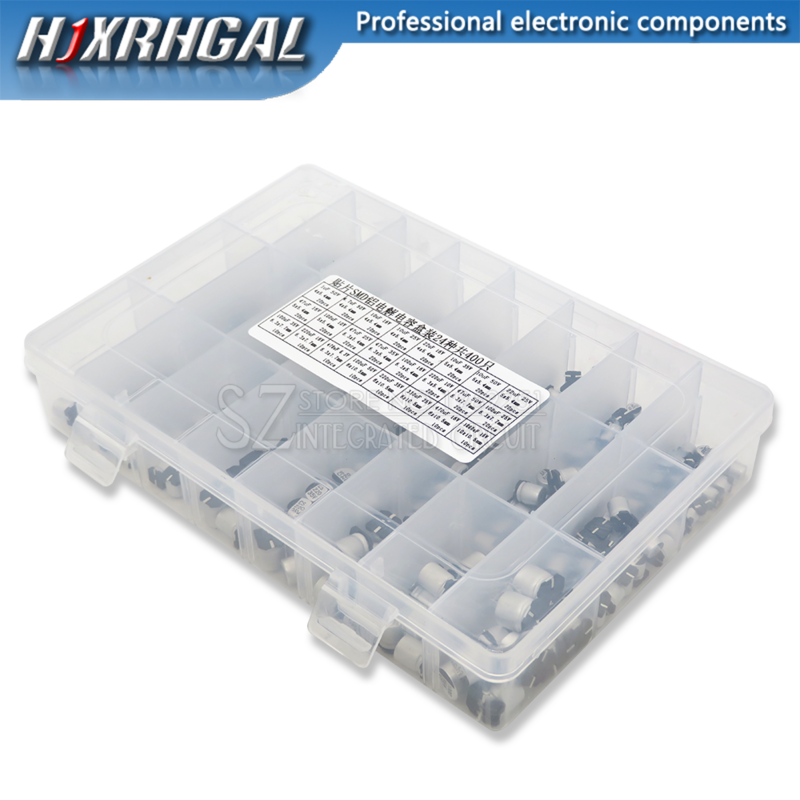 1uF~1000uF 6.3V-50V 400PCS 24Value SMD Aluminum Electrolytic Capacitors Assortment Kit + Box