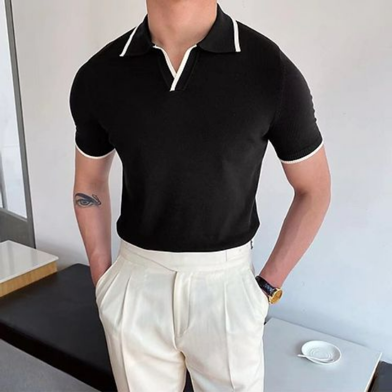 Camisa polo com painéis simples masculina, retalho de lapela, manga curta versátil, top elástico fino, moda casual, nova, verão