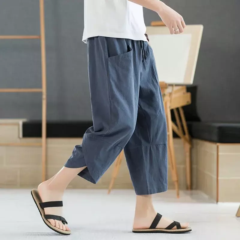 Celana pendek kasual pria, pakaian jalanan kebugaran celana crop Linen warna polos berongga baru musim panas 2024