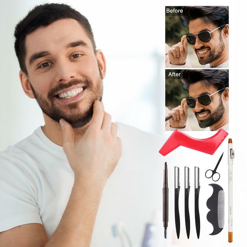 Herramienta de afeitado de barba de 8 piezas, herramienta de recorte de barba con guía de plantilla, moldeador de barba fácil de usar para salón de belleza, patillas de barbilla