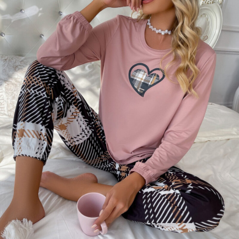 Spring and Autumn Women's New Pajamas Love Long Sleeve Round Neck Underwear Set Simple Loose Casual Home Wear Set Can Be Worn