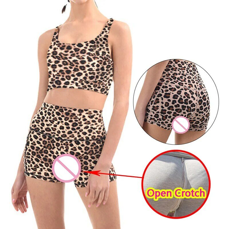 Woman Leopard Open Crotch Mini Pants Sexy Camouflage Skinny Crotchless Leggings Erotic Zippers Sport Panther Open-Seats Short