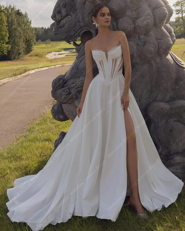 Fashion gaun pernikahan Satin kualitas tinggi gaun pengantin A-Line keluaran baru gaun pengantin desain Minimal menarik tanpa lengan Vestidos De Novia