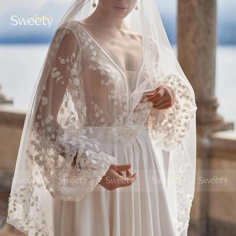 فستان زفاف بسيط مع دانتيل على شكل حرف A ، طول الأرض ، ثوب كرة الشاطئ ، فتحة ، رقبة حرف V ، كم كامل ، ظهر العروس