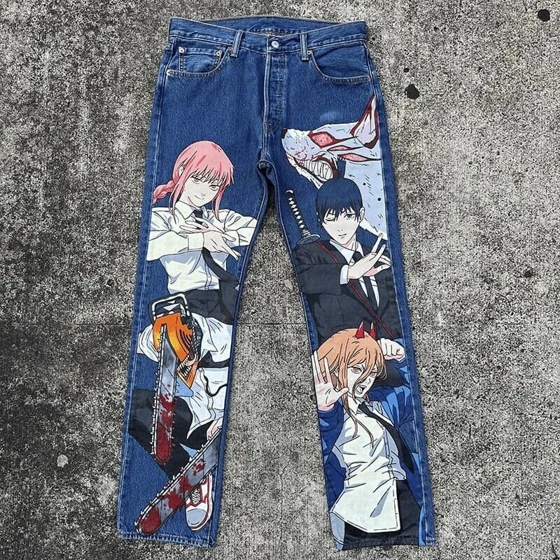 Jeans de rua anime Harajuku para homens e mulheres, calças largas com gráfico, calças de cintura alta, estilo japonês, Y2K, novo