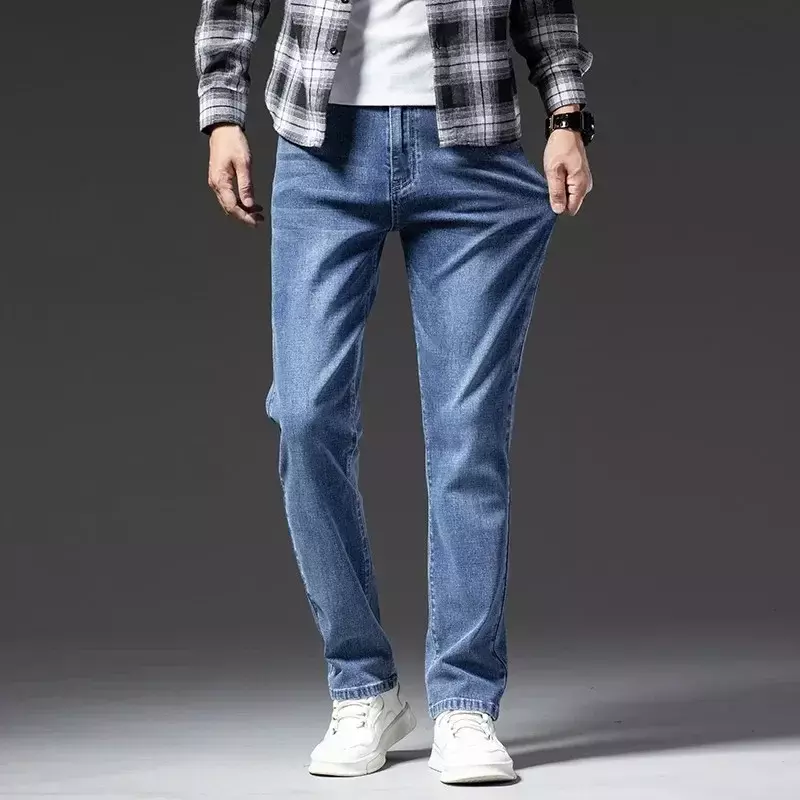Jeans jeans de tecido elástico grosso para homens, estilo clássico negócio, preto e azul, roupas masculinas, outono, inverno, 2024
