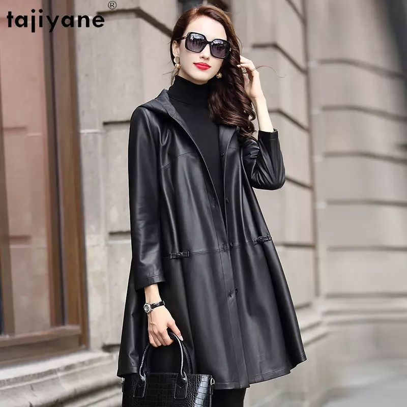 Tajiyane Veste en cuir véritable pour femme, manteau à capuche en peau de mouton véritable, vestes en cuir pour femme, vêtements