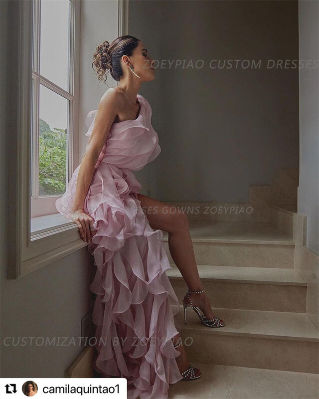 Roze Chiffon Plooi Prom Dress Gelaagd Ruches Lange Formele Sexy Split Een Schouder Elegante Feestjurken Vrouwen 2024 Nieuwe Arriviaal